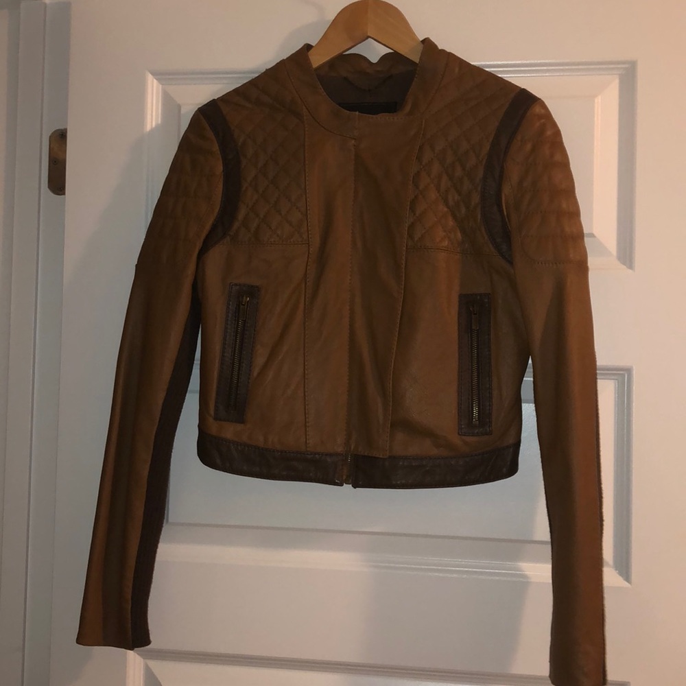 BCBG 100% lamb brown/tan leather Josh Moto jacket M